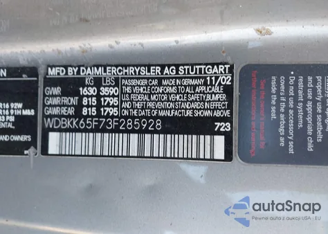 2003 Mercedes-Benz Slk 320 z USA, uszkodzony, nr VIN WDBKK65F73F285928